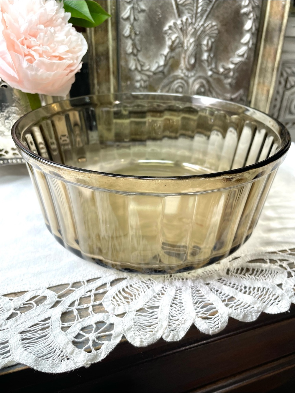 Vintage Arcopal France clear brown glass serving bowl